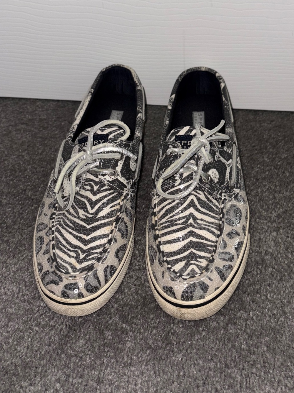 Sperry Black & White Sequent Animal Print Boat Shoes